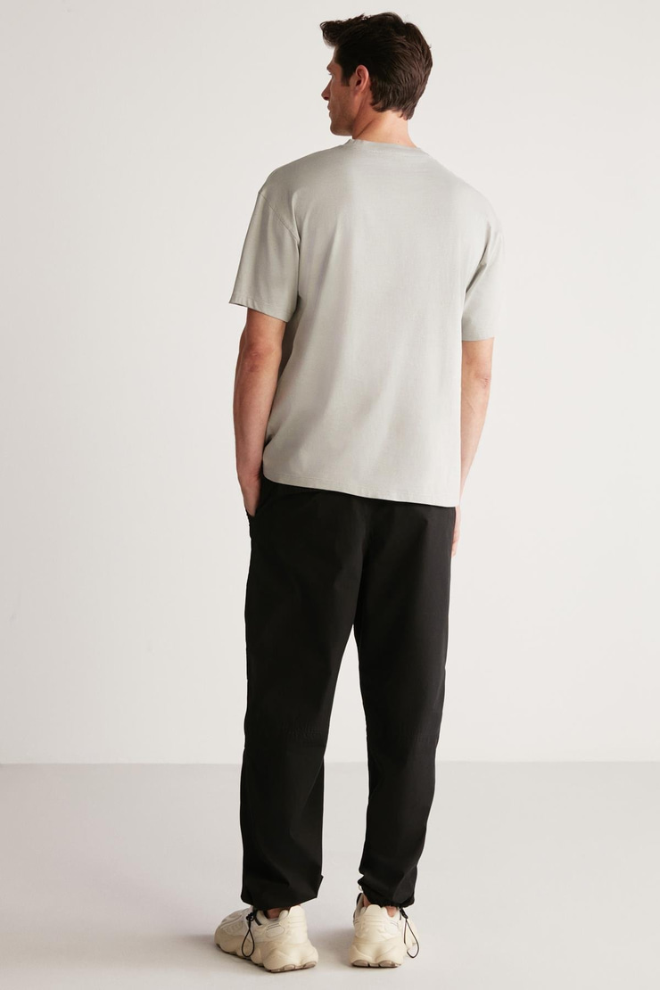 BASTIAN Erkek Sırt Baskı Detaylı Oversize %100 Organik Pamuk Örme Kısa Kol Gri T-Shirt