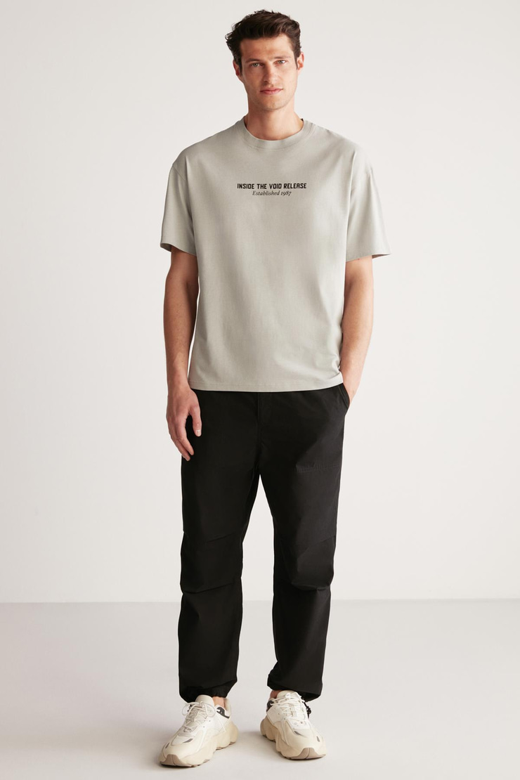 BASTIAN Erkek Sırt Baskı Detaylı Oversize %100 Organik Pamuk Örme Kısa Kol Gri T-Shirt