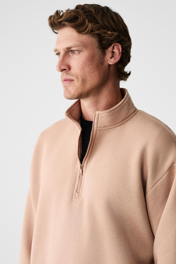 BAXTER Erkek Dik Yakalı Fermuarlı Relaxed Vizon Sweatshirt