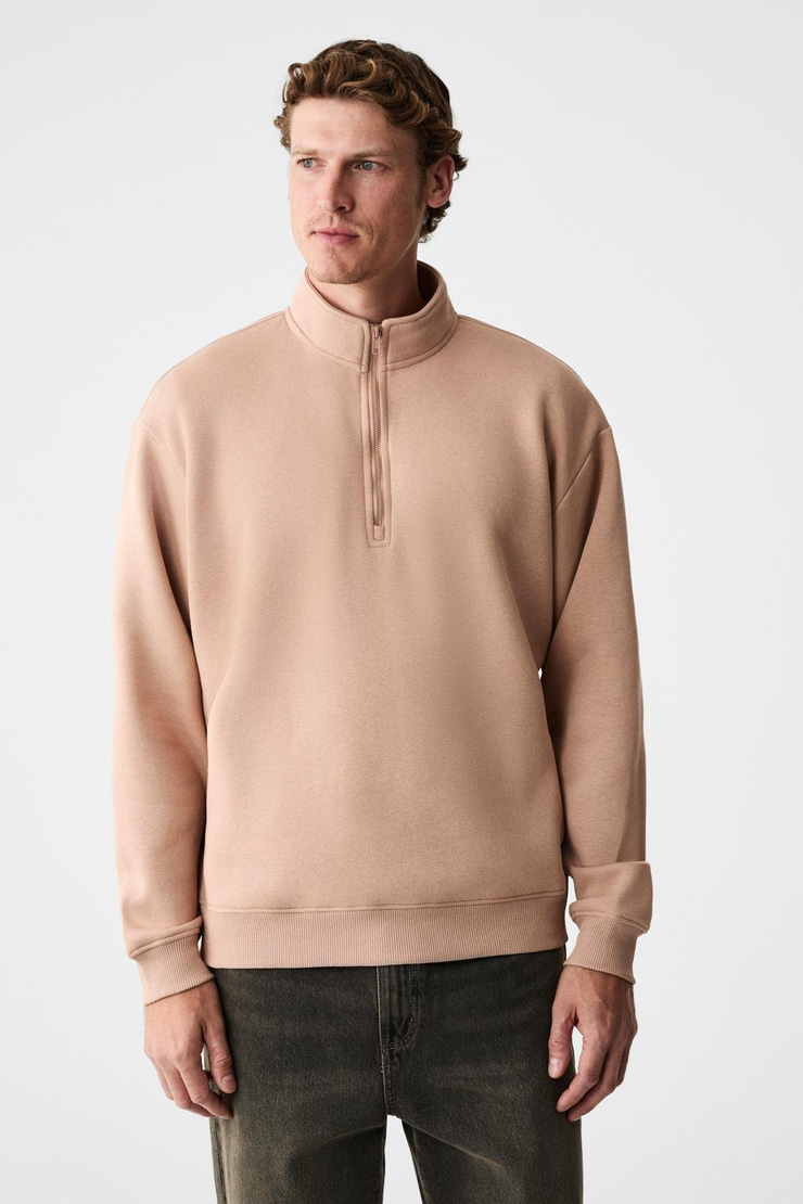BAXTER Erkek Dik Yakalı Fermuarlı Relaxed Vizon Sweatshirt