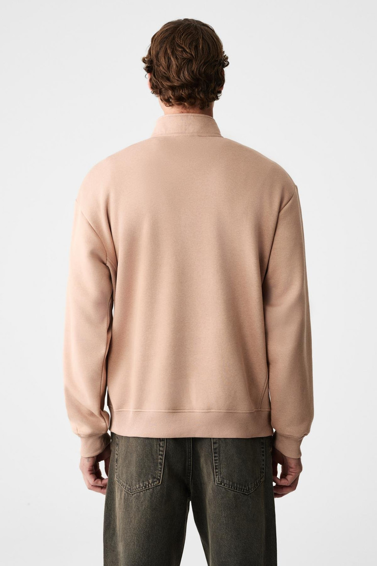 BAXTER Erkek Dik Yakalı Fermuarlı Relaxed Vizon Sweatshirt