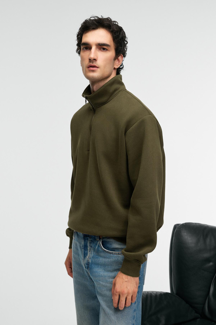 BAXTER Erkek Dik Yakalı Fermuarlı Relaxed Koyu Haki Sweatshirt