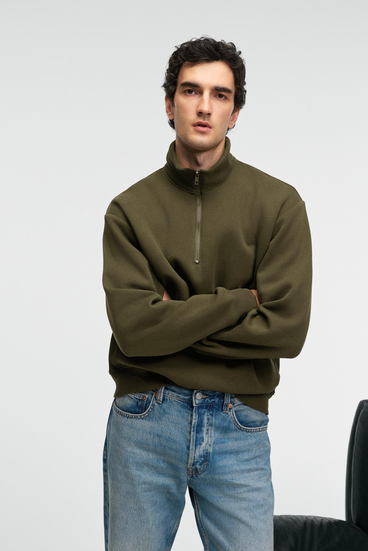 BAXTER Erkek Dik Yakalı Fermuarlı Relaxed Koyu Haki Sweatshirt