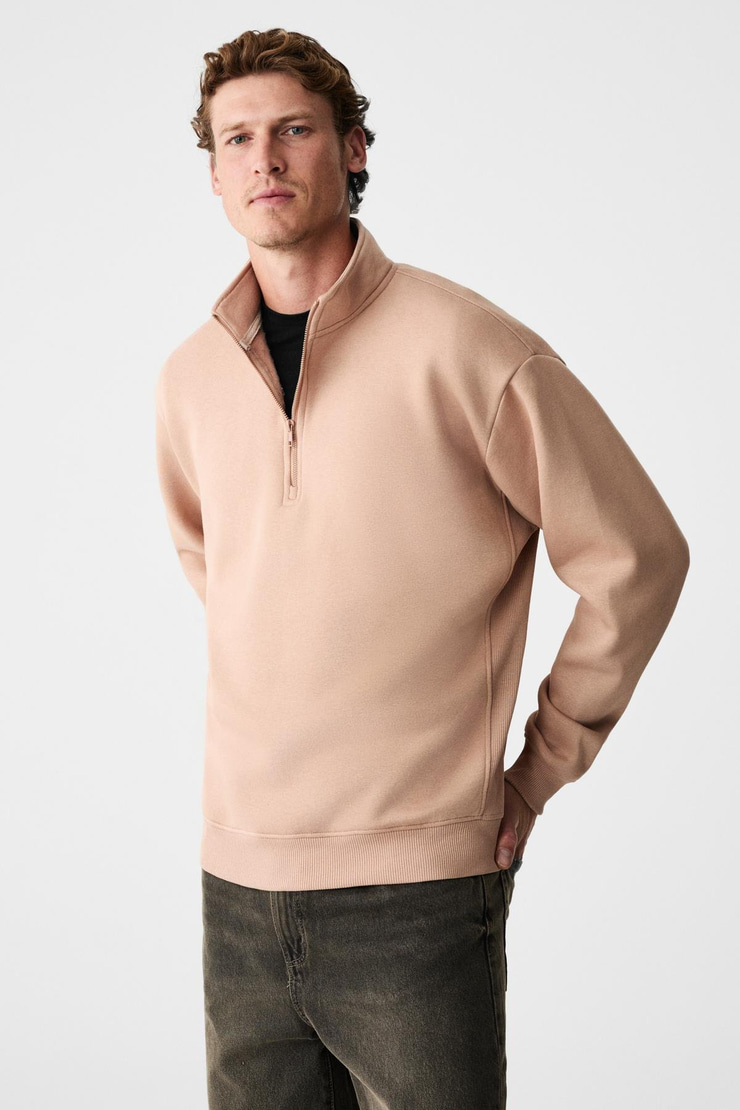 BAXTER Erkek Dik Yakalı Fermuarlı Relaxed Vizon Sweatshirt