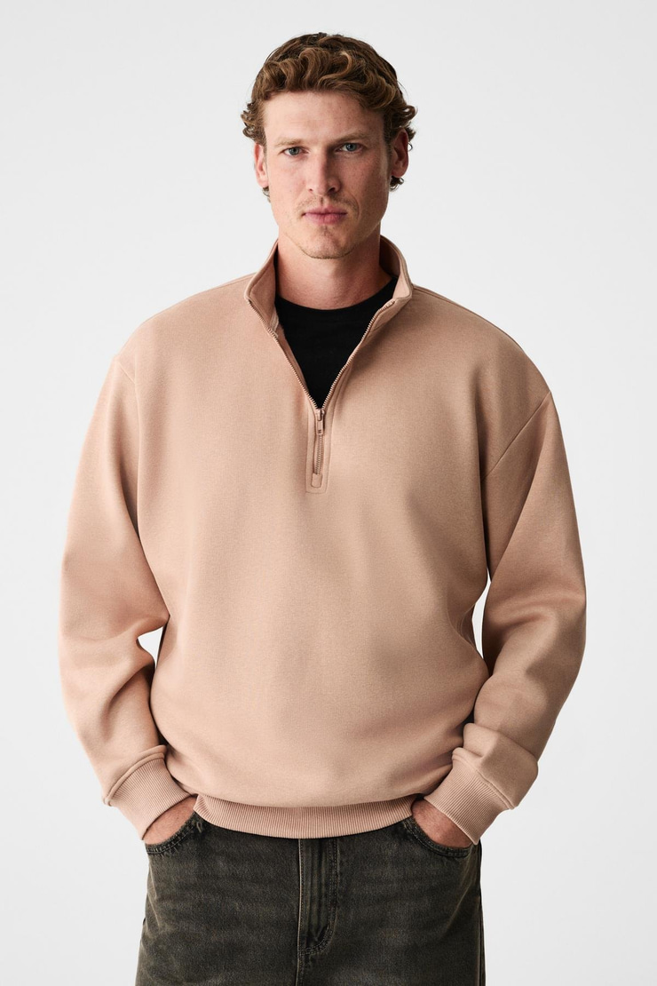 BAXTER Erkek Dik Yakalı Fermuarlı Relaxed Vizon Sweatshirt