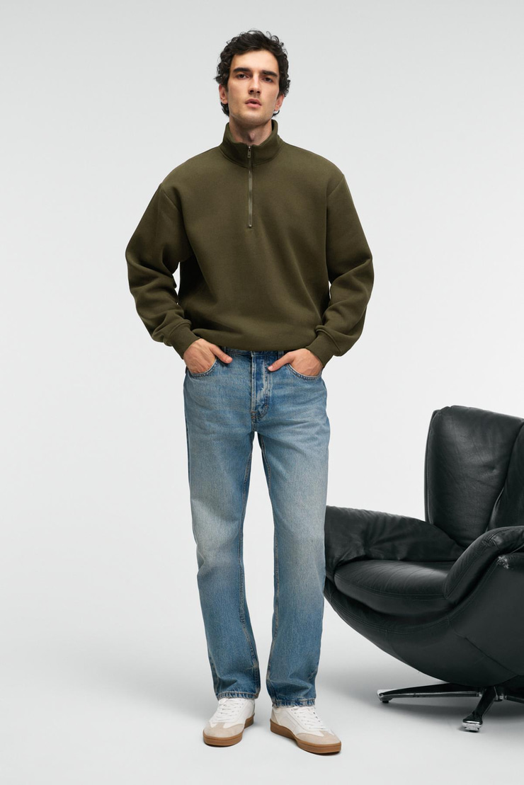 BAXTER Erkek Dik Yakalı Fermuarlı Relaxed Koyu Haki Sweatshirt