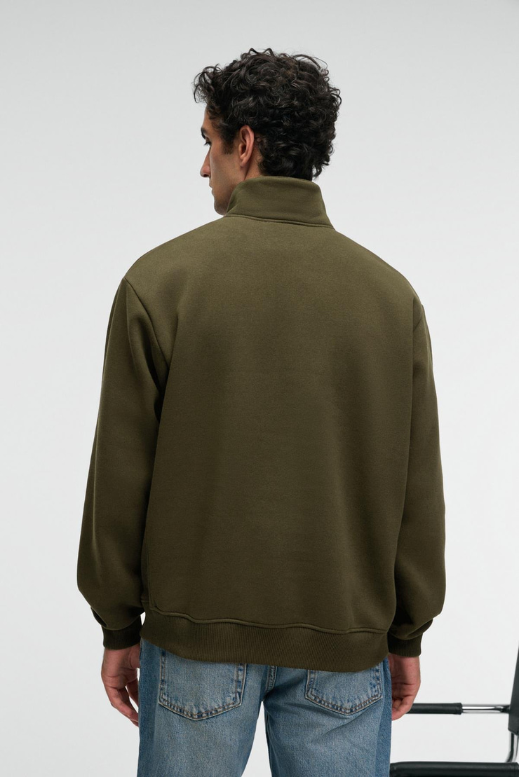 BAXTER Erkek Dik Yakalı Fermuarlı Relaxed Koyu Haki Sweatshirt