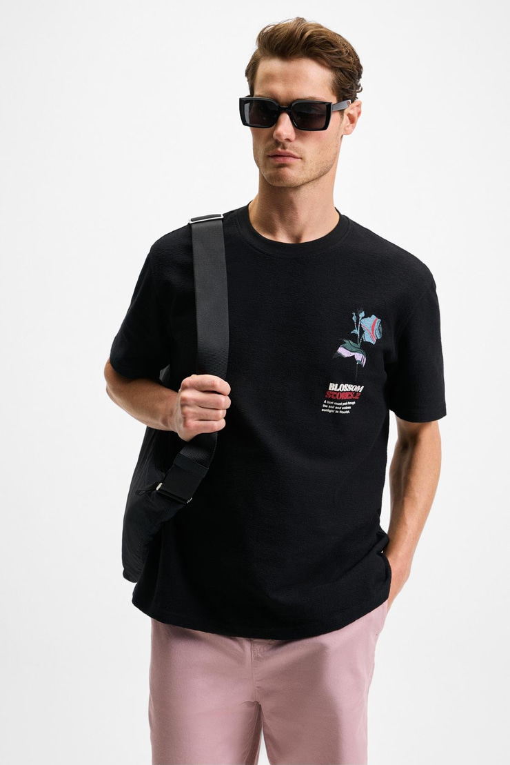 BELLO Erkek %100 Organik Pamuk Bisiklet Yaka Kısa Kol Siyah T-Shirt