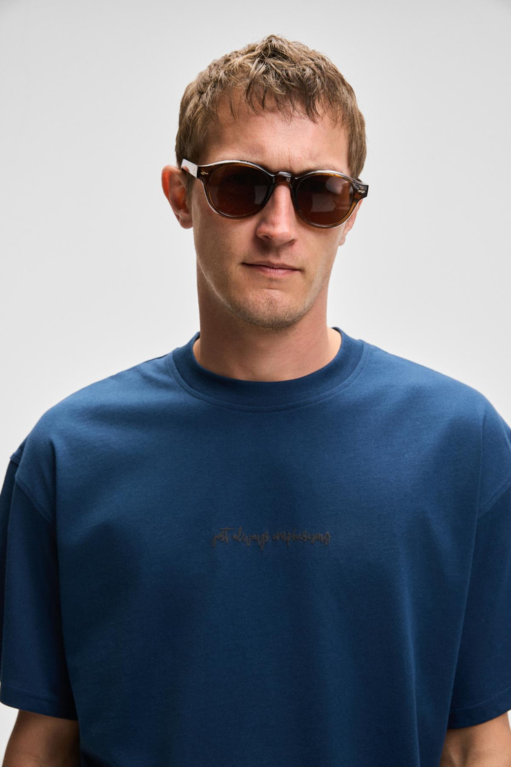 BENFICA Erkek %100 Organik Pamuk Baskı Detaylı Oversize Kısa Kol Bisiklet Yaka Lacivert T-Shirt