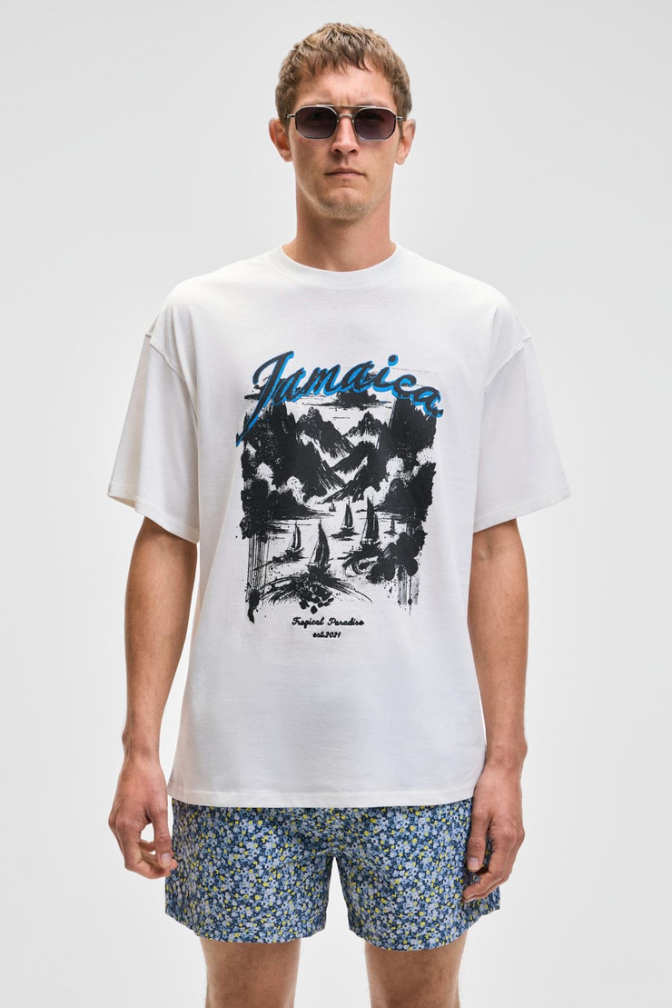 BENFICA Erkek %100 Organik Pamuk Baskı Detaylı Oversize Kısa Kol Bisiklet Yaka Beyaz T-Shirt