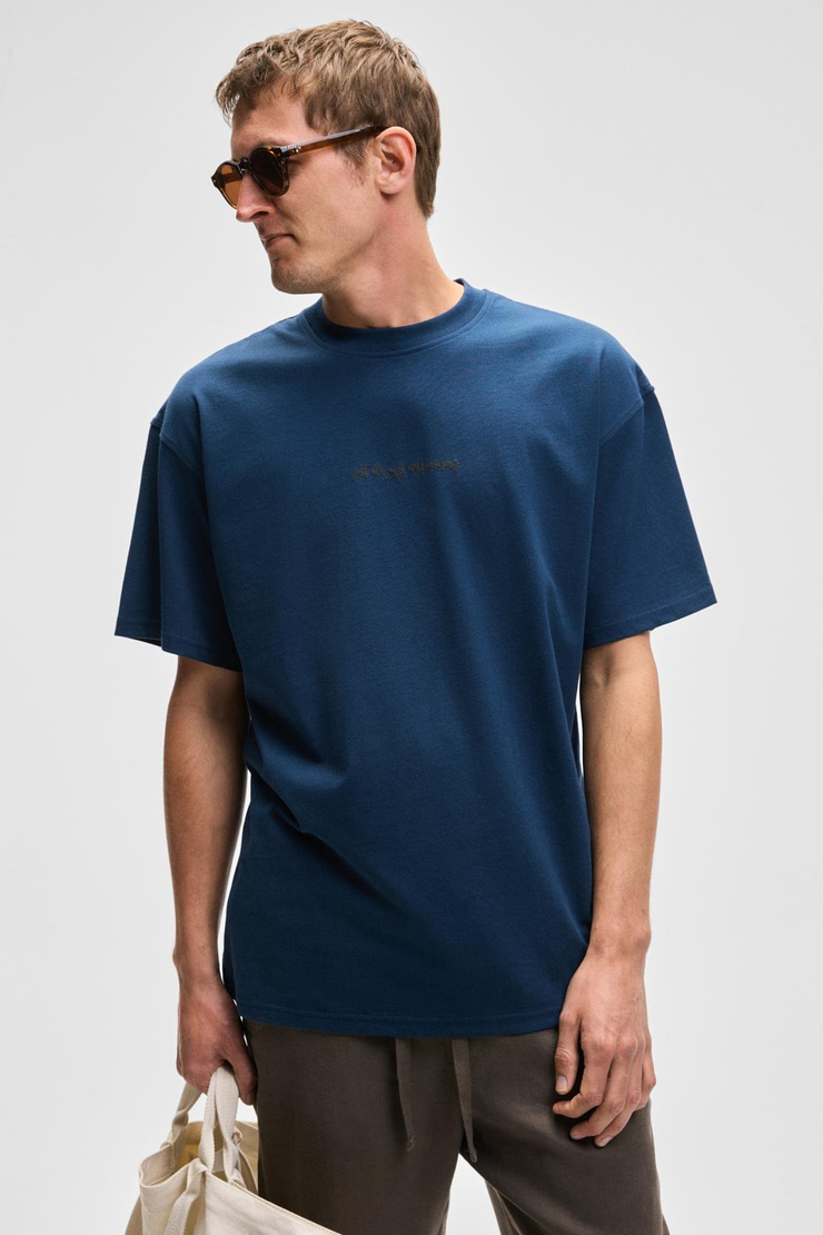 BENFICA Erkek %100 Organik Pamuk Baskı Detaylı Oversize Kısa Kol Bisiklet Yaka Lacivert T-Shirt