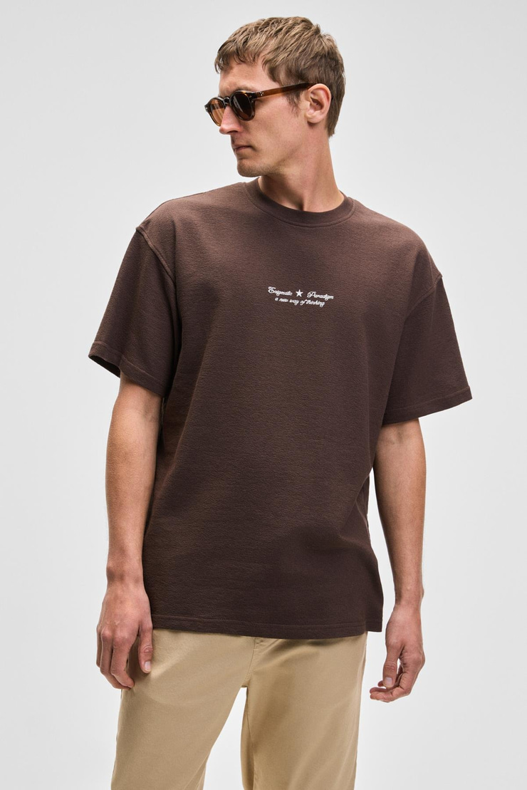 BENZO Erkek Ön Arka Baskı Detaylı %100 Organik Pamuk Oversize Kısa Kollu Koyu Kahverengi T-Shirt