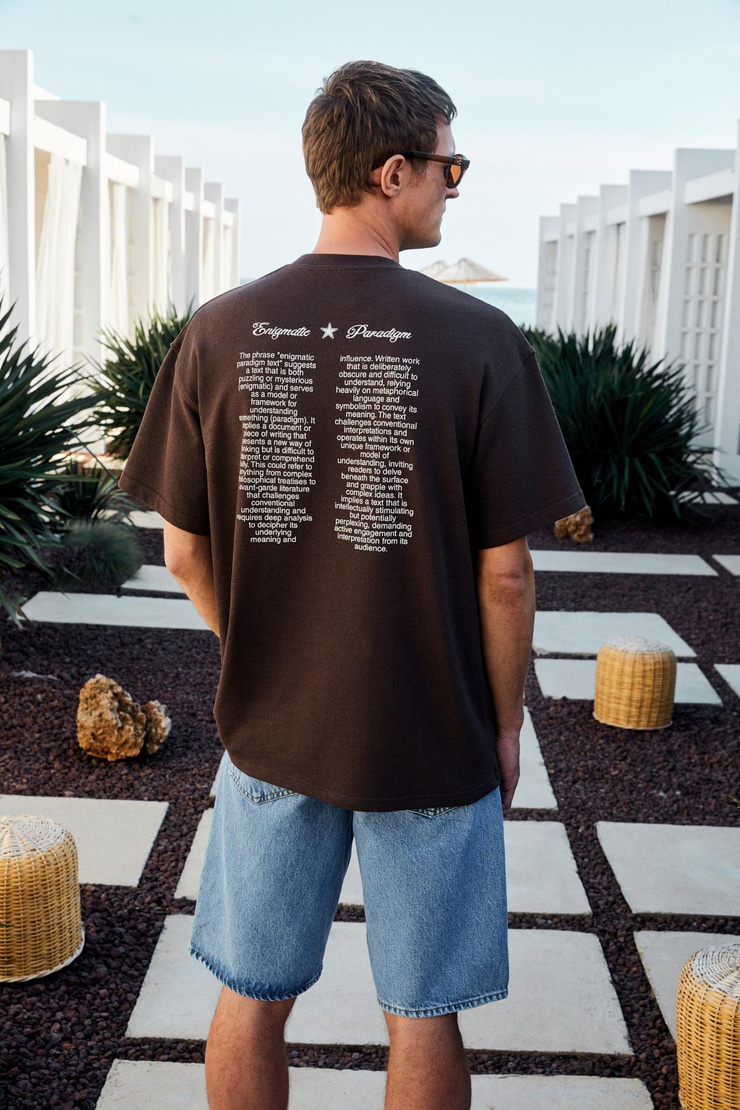 BENZO Erkek Ön Arka Baskı Detaylı %100 Organik Pamuk Oversize Kısa Kollu Koyu Kahverengi T-Shirt