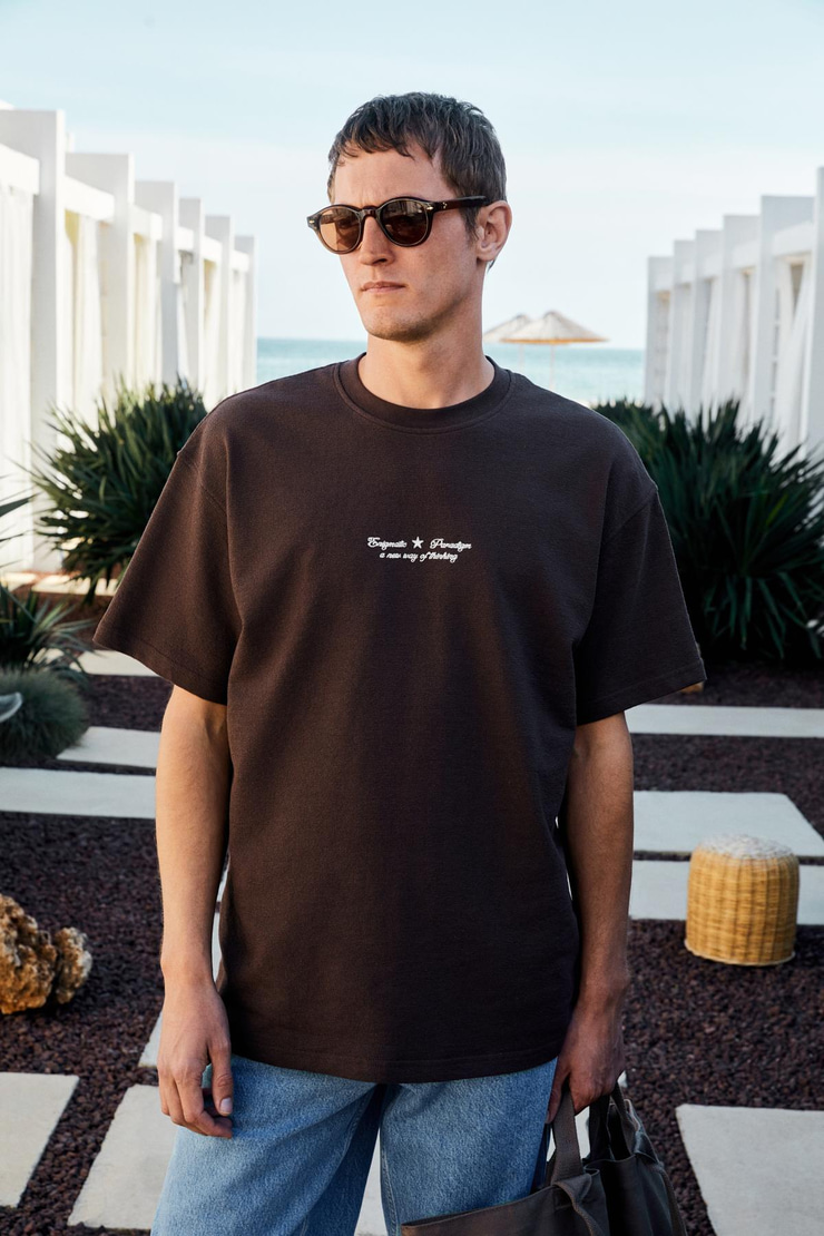 BENZO Erkek Ön Arka Baskı Detaylı %100 Organik Pamuk Oversize Kısa Kollu Koyu Kahverengi T-Shirt