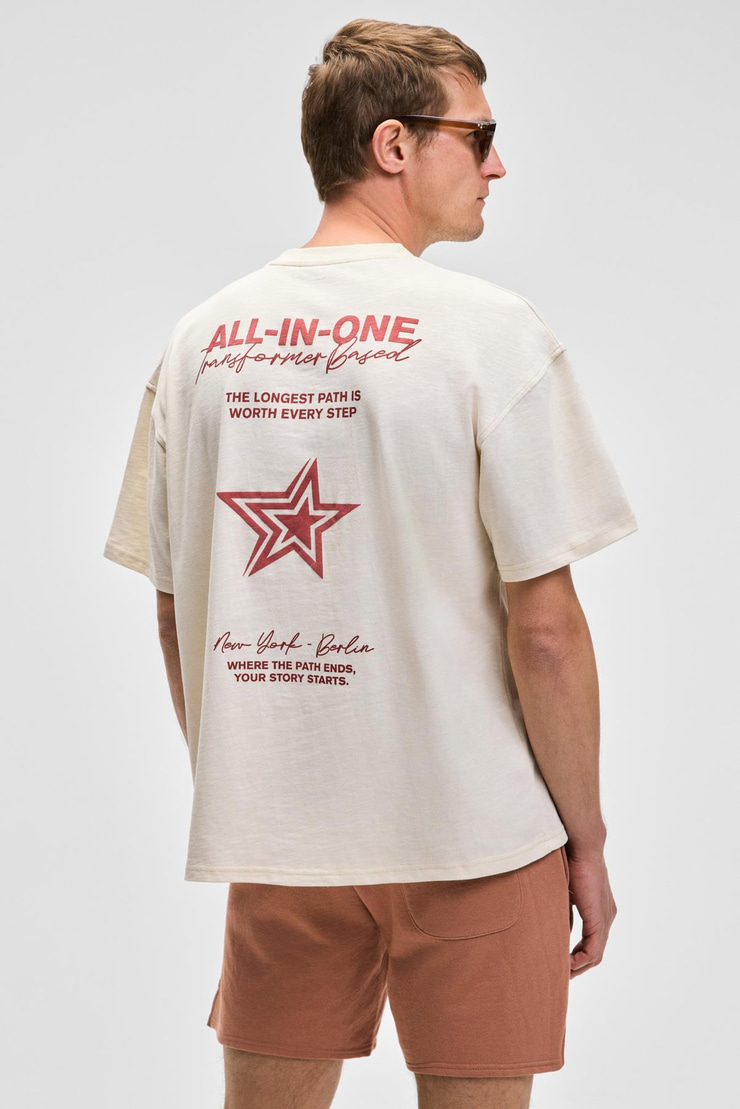 BERLI Erkek Bisiklet Yaka %100 Organik Pamuklu Oversize Fit Vanilya T-Shirt