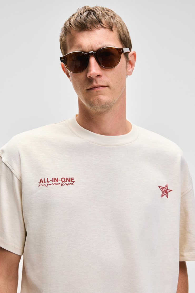 BERLI Erkek Bisiklet Yaka %100 Organik Pamuklu Oversize Fit Vanilya T-Shirt