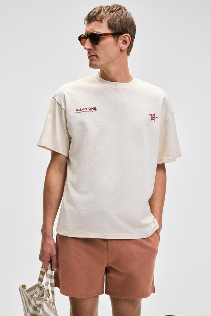 BERLI Erkek Bisiklet Yaka %100 Organik Pamuklu Oversize Fit Vanilya T-Shirt