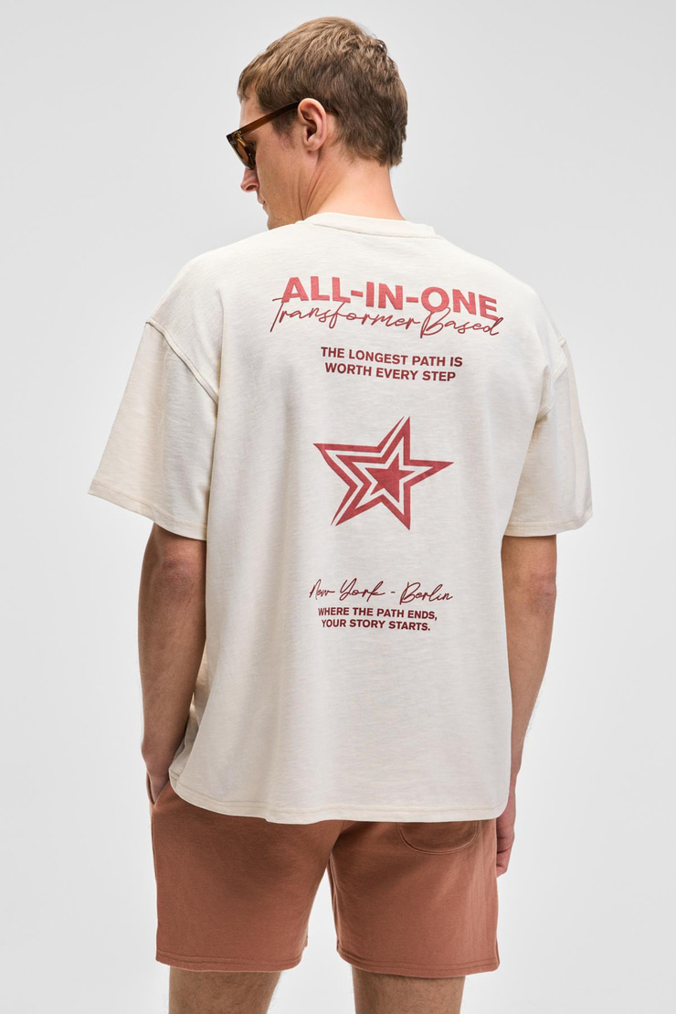 BERLI Erkek Bisiklet Yaka %100 Organik Pamuklu Oversize Fit Vanilya T-Shirt