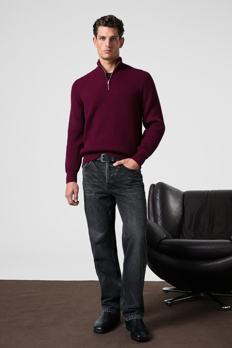 BERNARDO Erkek Yarım Fermuarlı Dik Yaka Triko Bordo Kazak