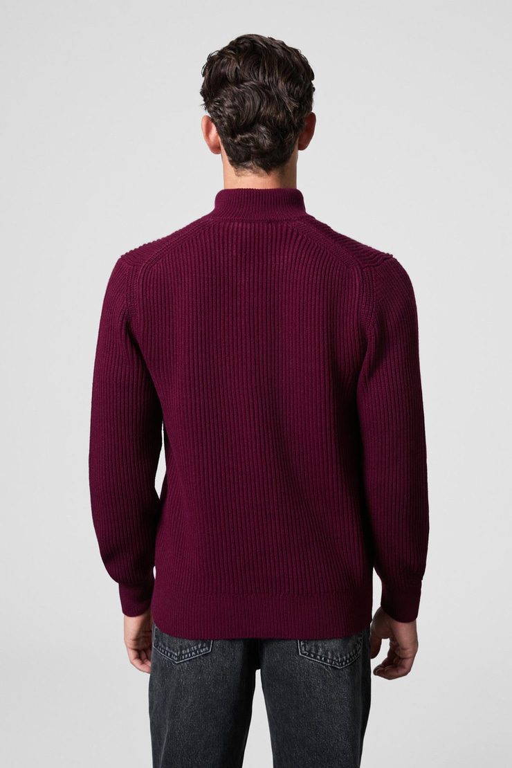 BERNARDO Erkek Yarım Fermuarlı Dik Yaka Triko Bordo Kazak