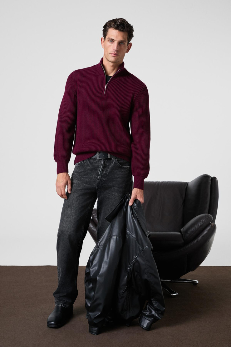 BERNARDO Erkek Yarım Fermuarlı Dik Yaka Triko Bordo Kazak