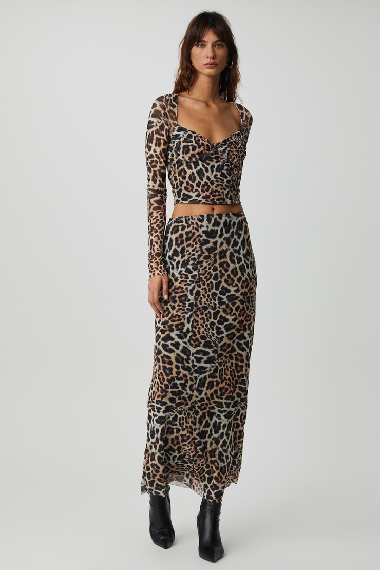 BEULAH Kadın Maxi Boy Slim Fit Beli Lastikli Tül Batik Desenli Leopar Desenli Etek