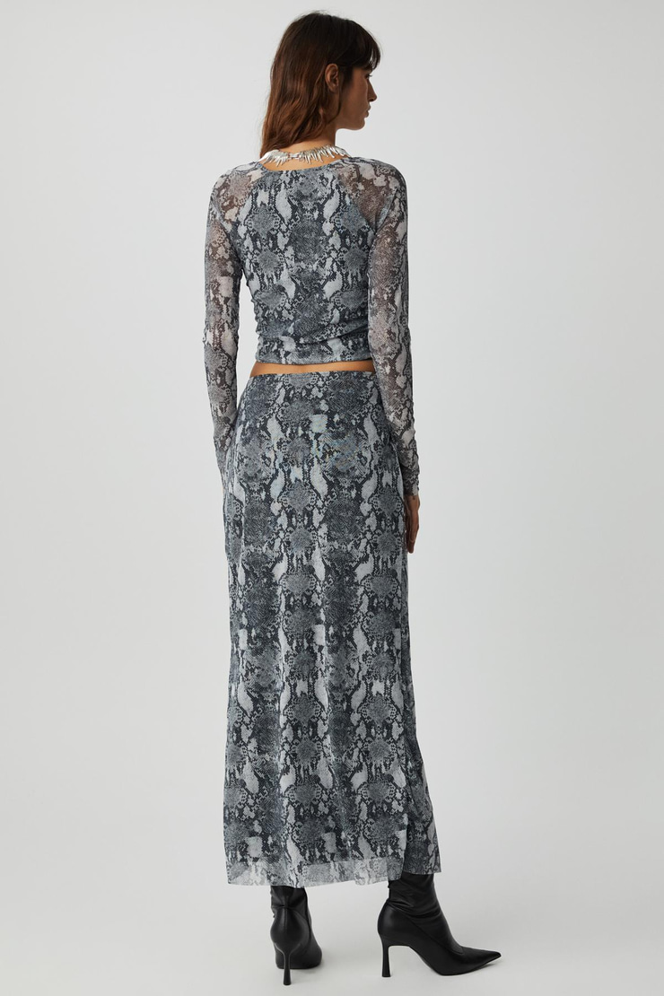 BEULAH Kadın Maxi Boy Slim Fit Beli Lastikli Tül Batik Desenli Yılan Desenli Etek