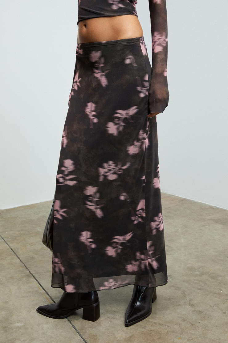 BEULAH Kadın Maxi Boy Slim Fit Beli Lastikli Tül Batik Desenli Kahverengi-Çiçek Desenli Etek