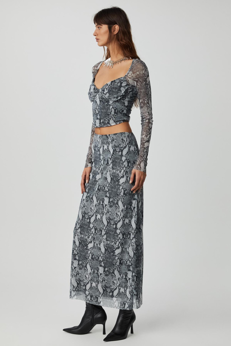 BEULAH Kadın Maxi Boy Slim Fit Beli Lastikli Tül Batik Desenli Yılan Desenli Etek