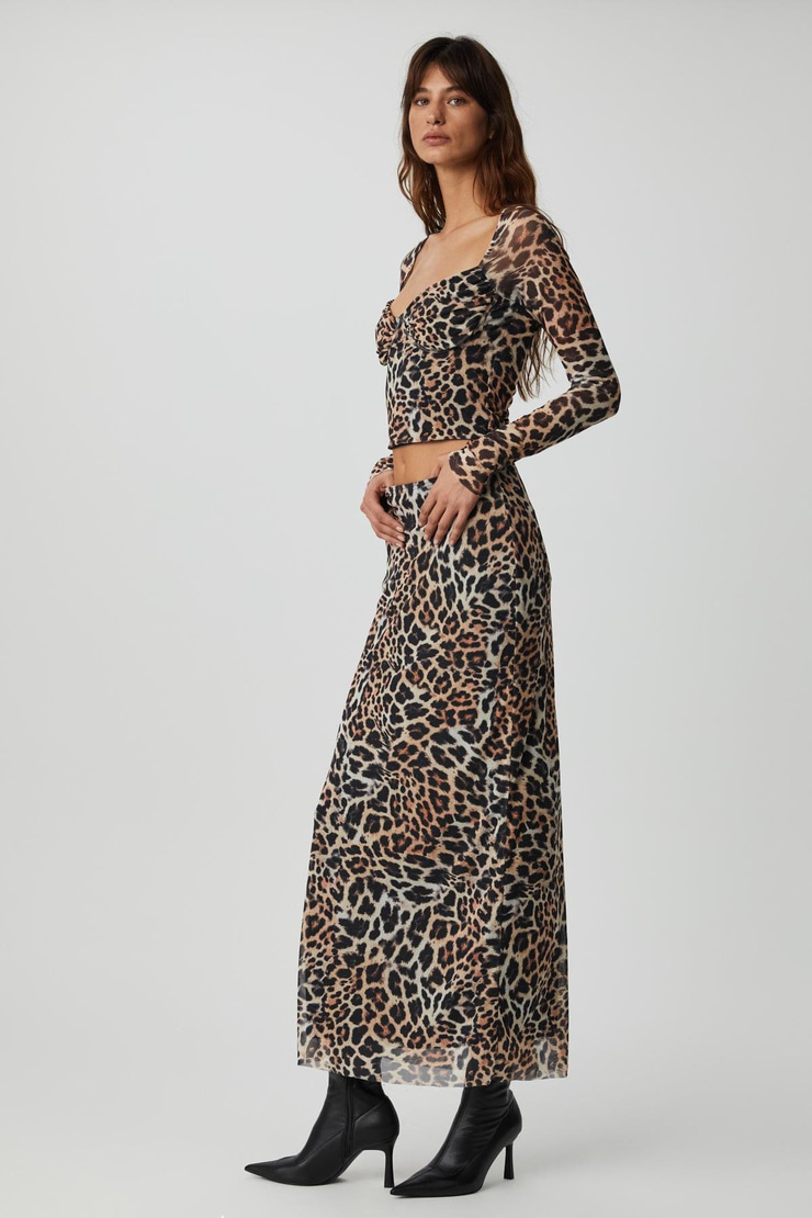 BEULAH Kadın Maxi Boy Slim Fit Beli Lastikli Tül Batik Desenli Leopar Desenli Etek