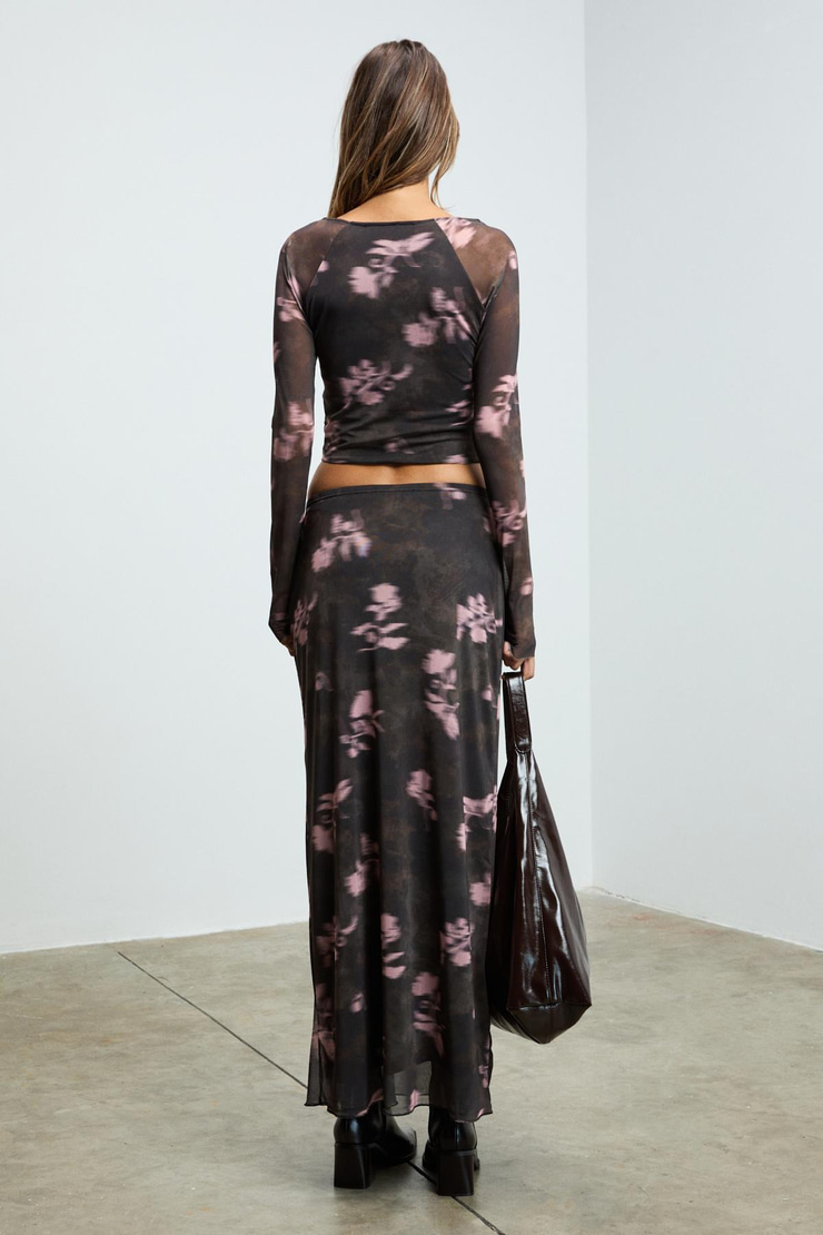 BEULAH Kadın Maxi Boy Slim Fit Beli Lastikli Tül Batik Desenli Kahverengi-Çiçek Desenli Etek