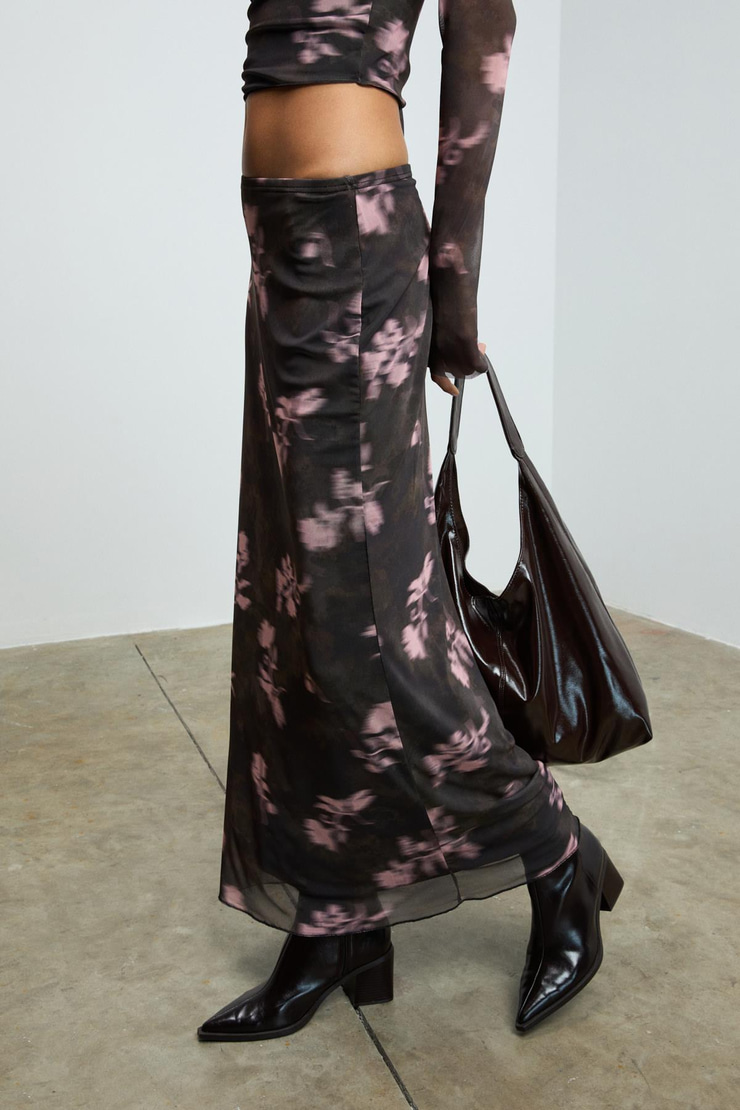 BEULAH Kadın Maxi Boy Slim Fit Beli Lastikli Tül Batik Desenli Kahverengi-Çiçek Desenli Etek