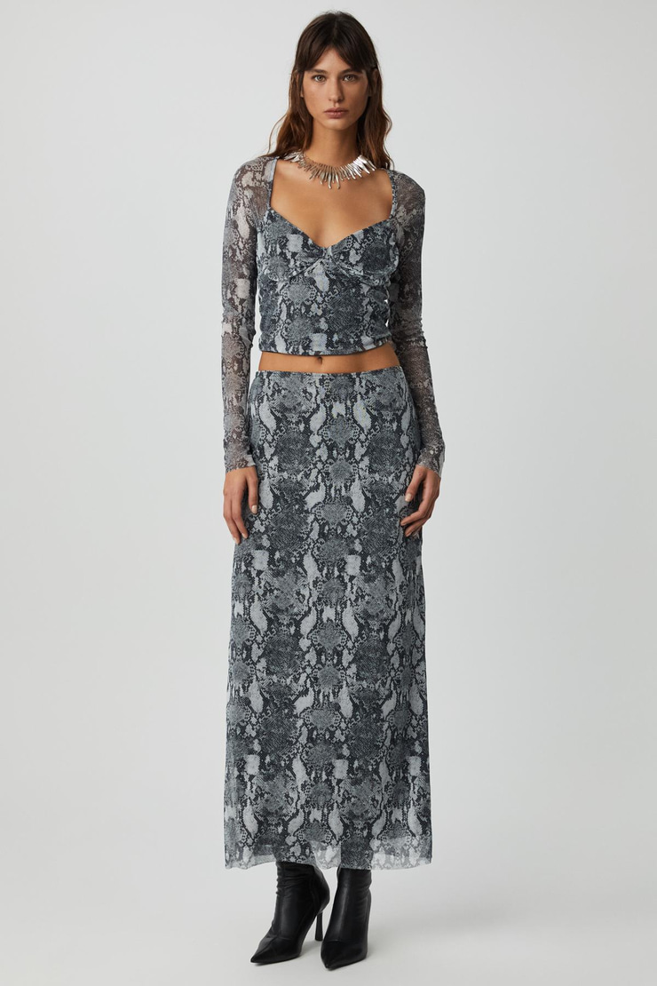 BEULAH Kadın Maxi Boy Slim Fit Beli Lastikli Tül Batik Desenli Yılan Desenli Etek