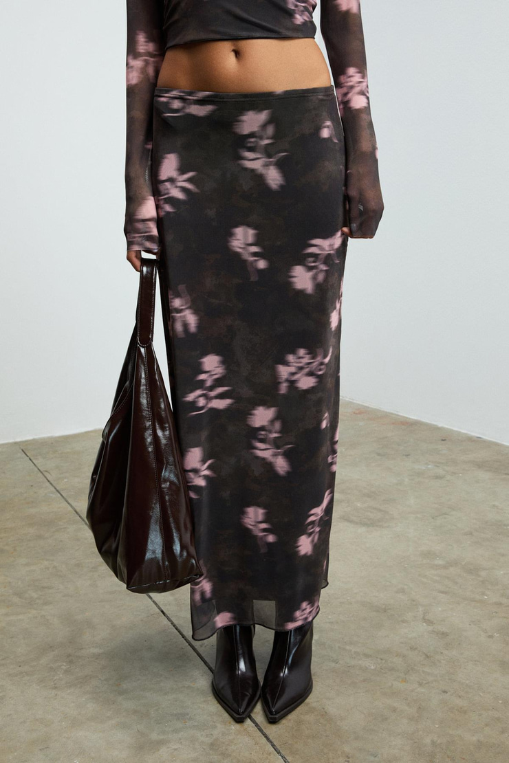 BEULAH Kadın Maxi Boy Slim Fit Beli Lastikli Tül Batik Desenli Kahverengi-Çiçek Desenli Etek