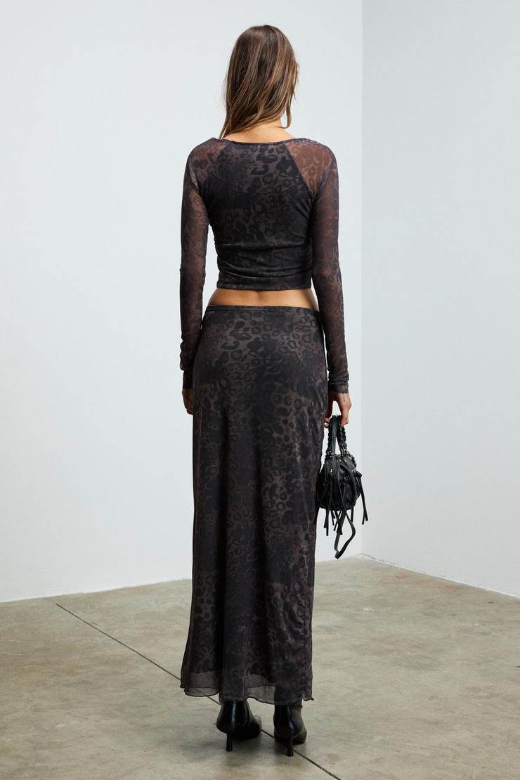 BEULAH Kadın Maxi Boy Slim Fit Beli Lastikli Tül Batik Desenli Siyah-Leopar Desenli Etek