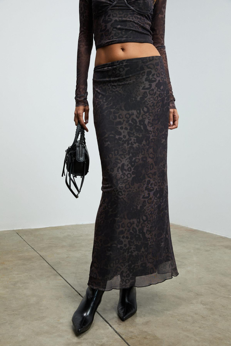 BEULAH Kadın Maxi Boy Slim Fit Beli Lastikli Tül Batik Desenli Siyah-Leopar Desenli Etek