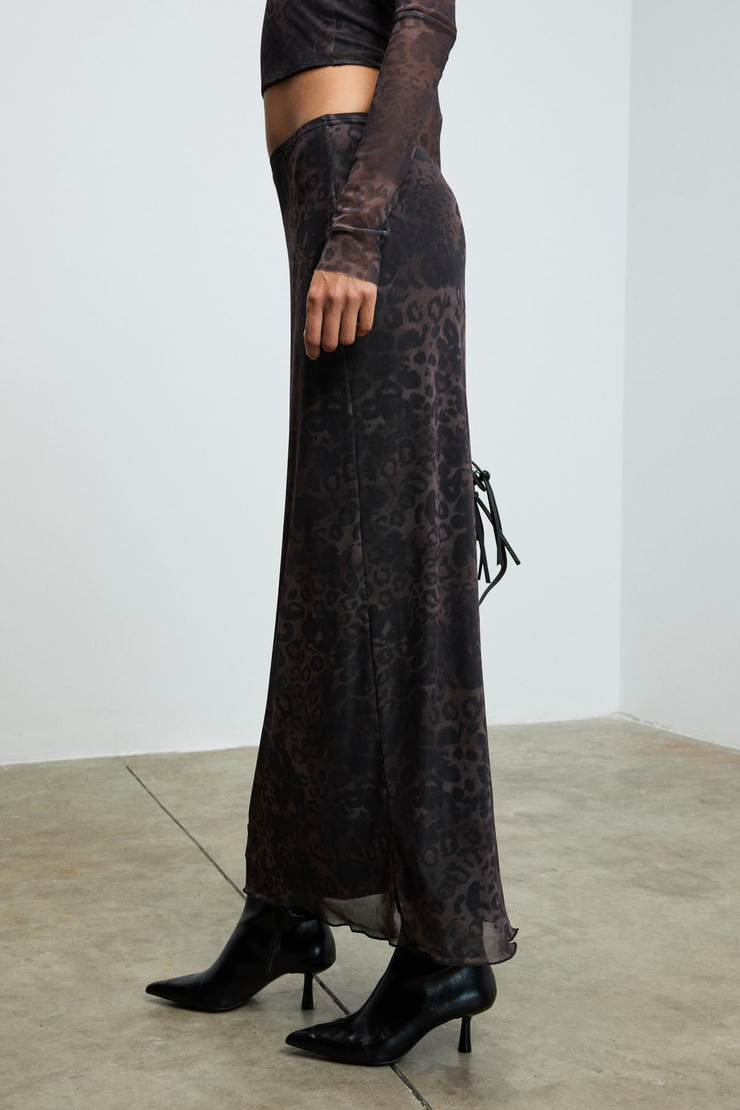 BEULAH Kadın Maxi Boy Slim Fit Beli Lastikli Tül Batik Desenli Siyah-Leopar Desenli Etek