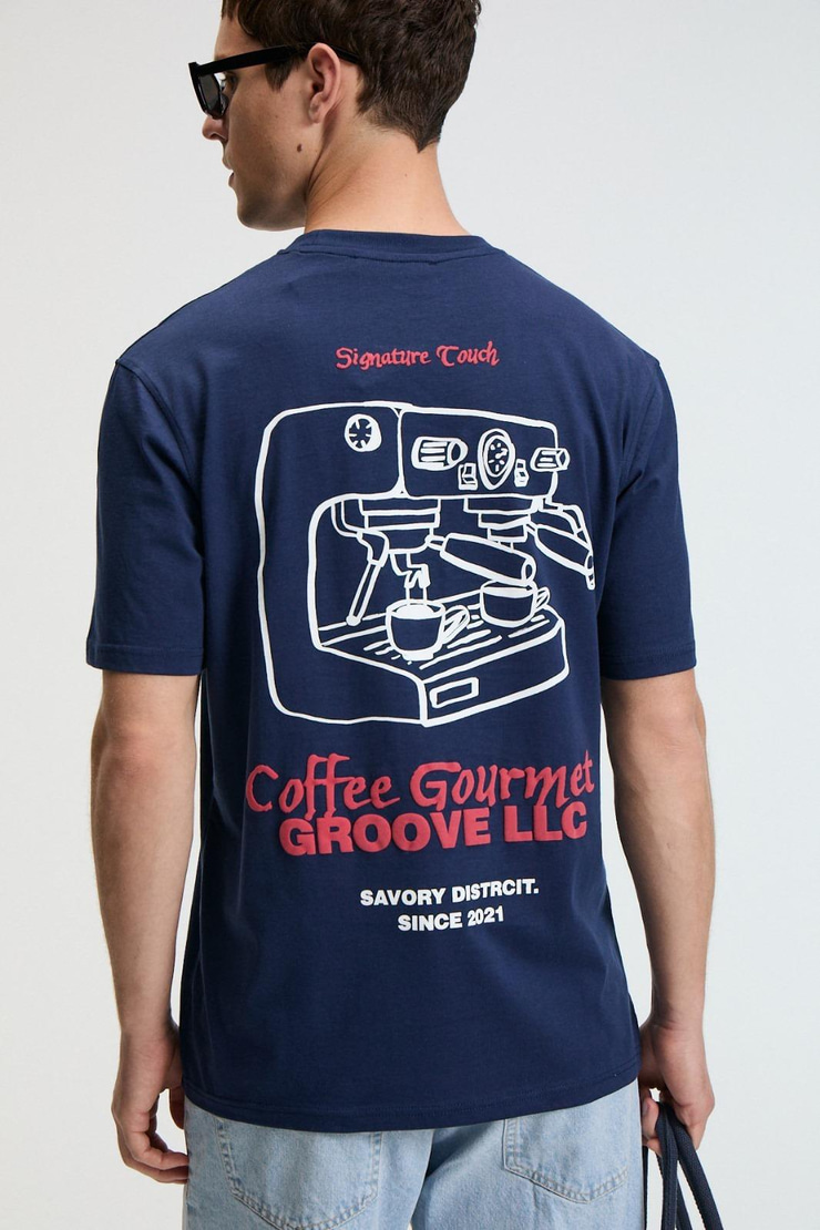 BITE Erkek Oversize %100 Pamuk Baskılı Yuvarlak Yaka Lacivert T-Shirt