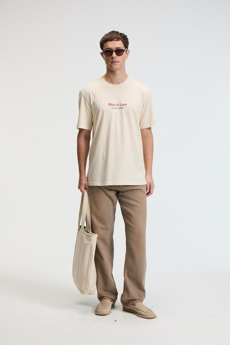 BITE Erkek Oversize %100 Pamuk Baskılı Yuvarlak Yaka Vanilya T-Shirt