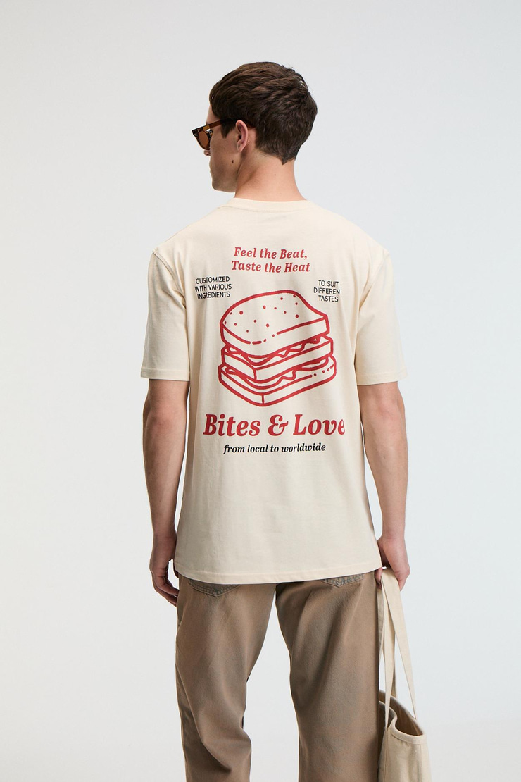 BITE Erkek Oversize %100 Pamuk Baskılı Yuvarlak Yaka Vanilya T-Shirt