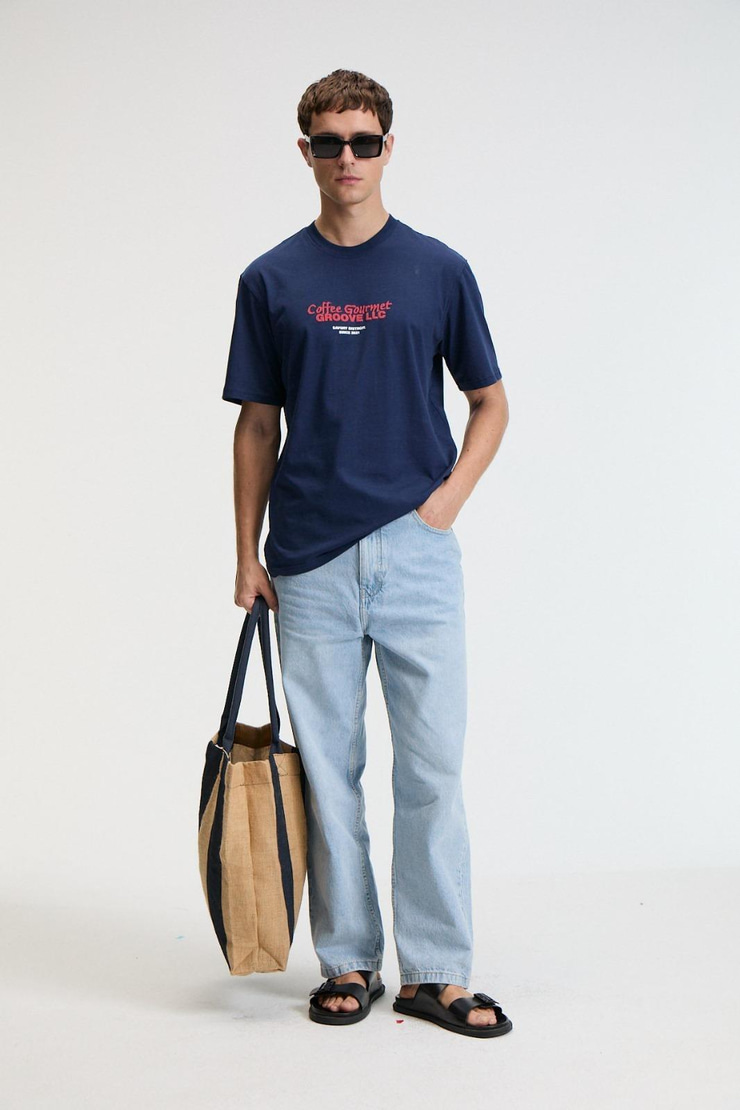 BITE Erkek Oversize %100 Pamuk Baskılı Yuvarlak Yaka Lacivert T-Shirt