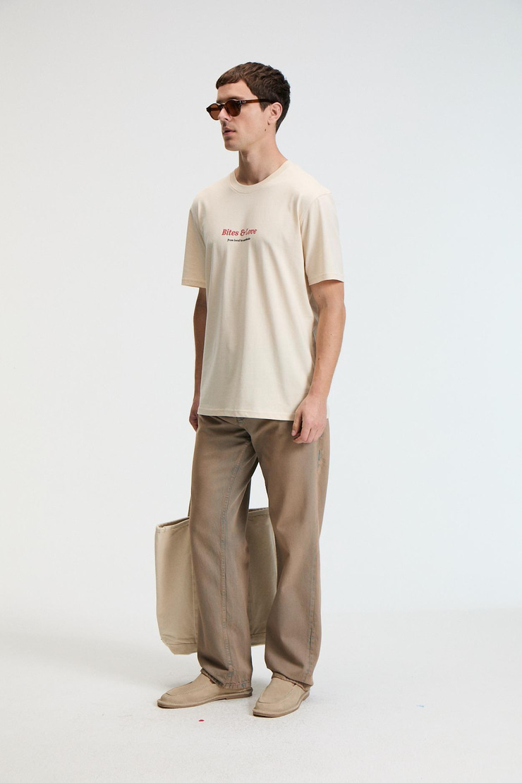 BITE Erkek Oversize %100 Pamuk Baskılı Yuvarlak Yaka Vanilya T-Shirt