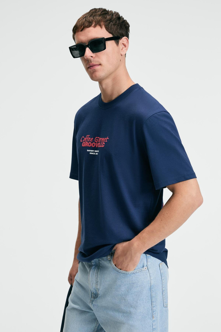 BITE Erkek Oversize %100 Pamuk Baskılı Yuvarlak Yaka Lacivert T-Shirt