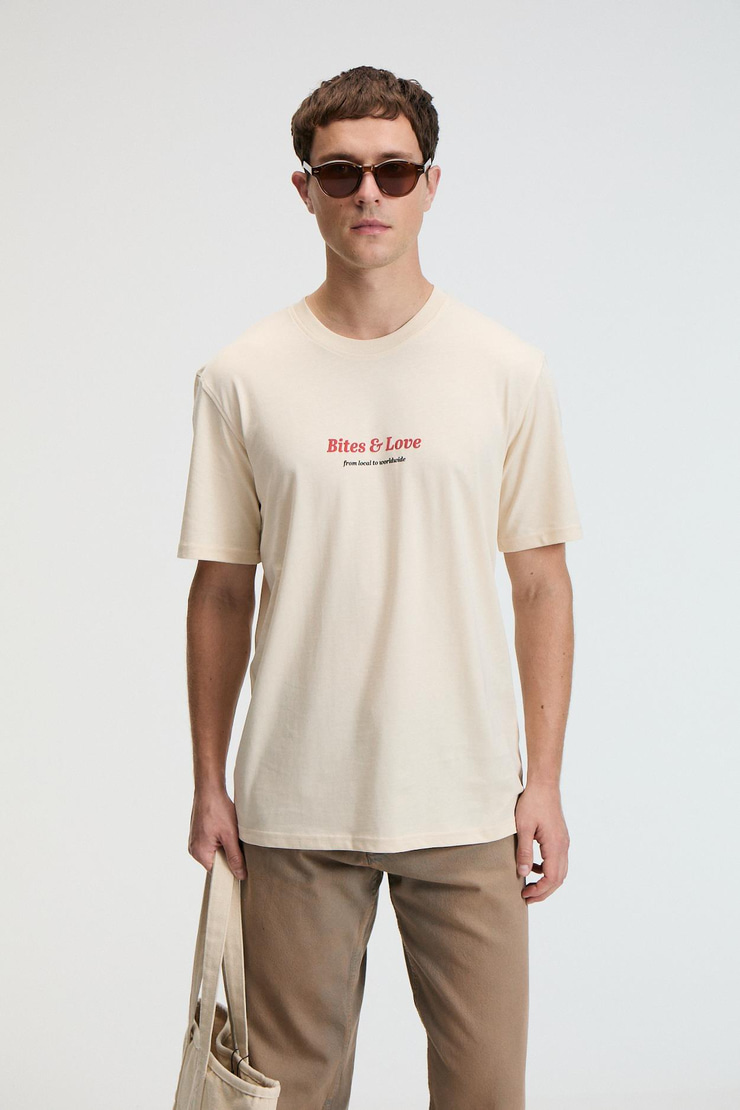 BITE Erkek Oversize %100 Pamuk Baskılı Yuvarlak Yaka Vanilya T-Shirt