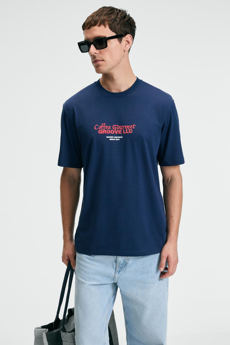 BITE Erkek Oversize %100 Pamuk Baskılı Yuvarlak Yaka Lacivert T-Shirt