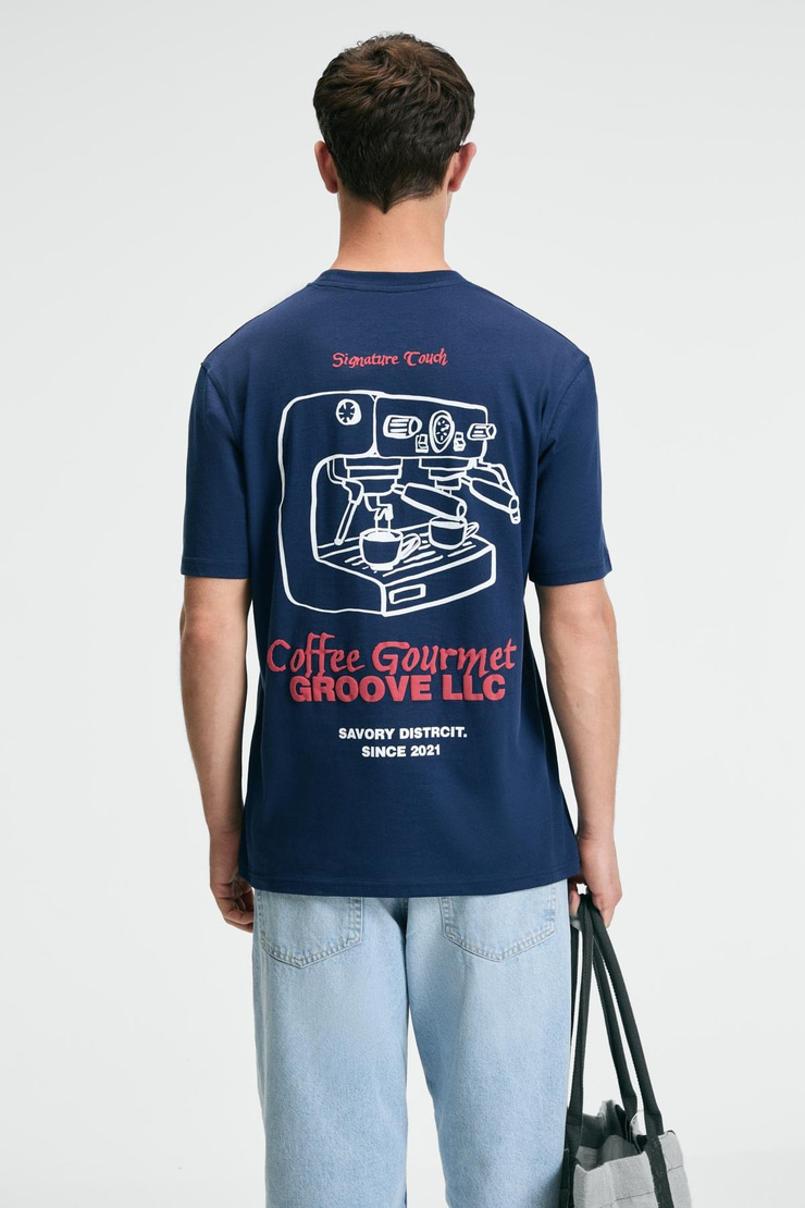 BITE Erkek Oversize %100 Pamuk Baskılı Yuvarlak Yaka Lacivert T-Shirt