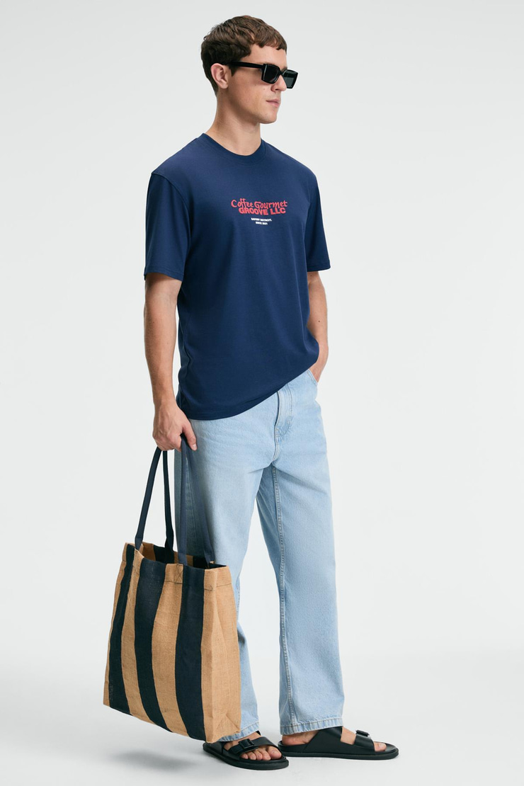 BITE Erkek Oversize %100 Pamuk Baskılı Yuvarlak Yaka Lacivert T-Shirt