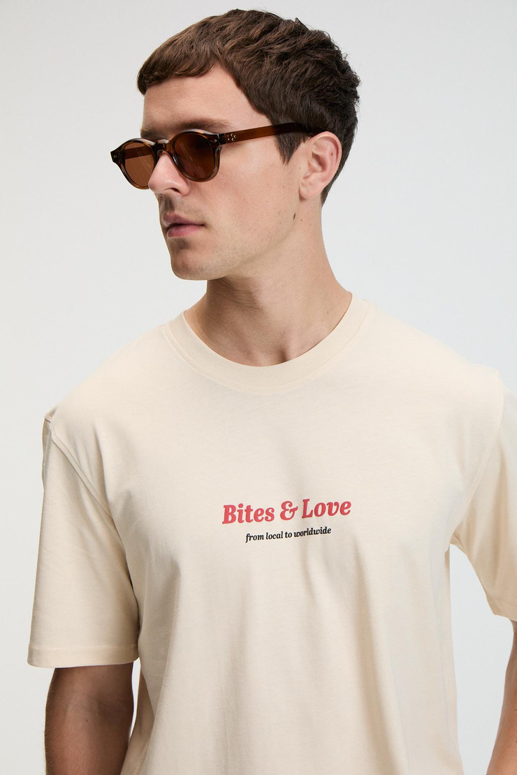 BITE Erkek Oversize %100 Pamuk Baskılı Yuvarlak Yaka Vanilya T-Shirt