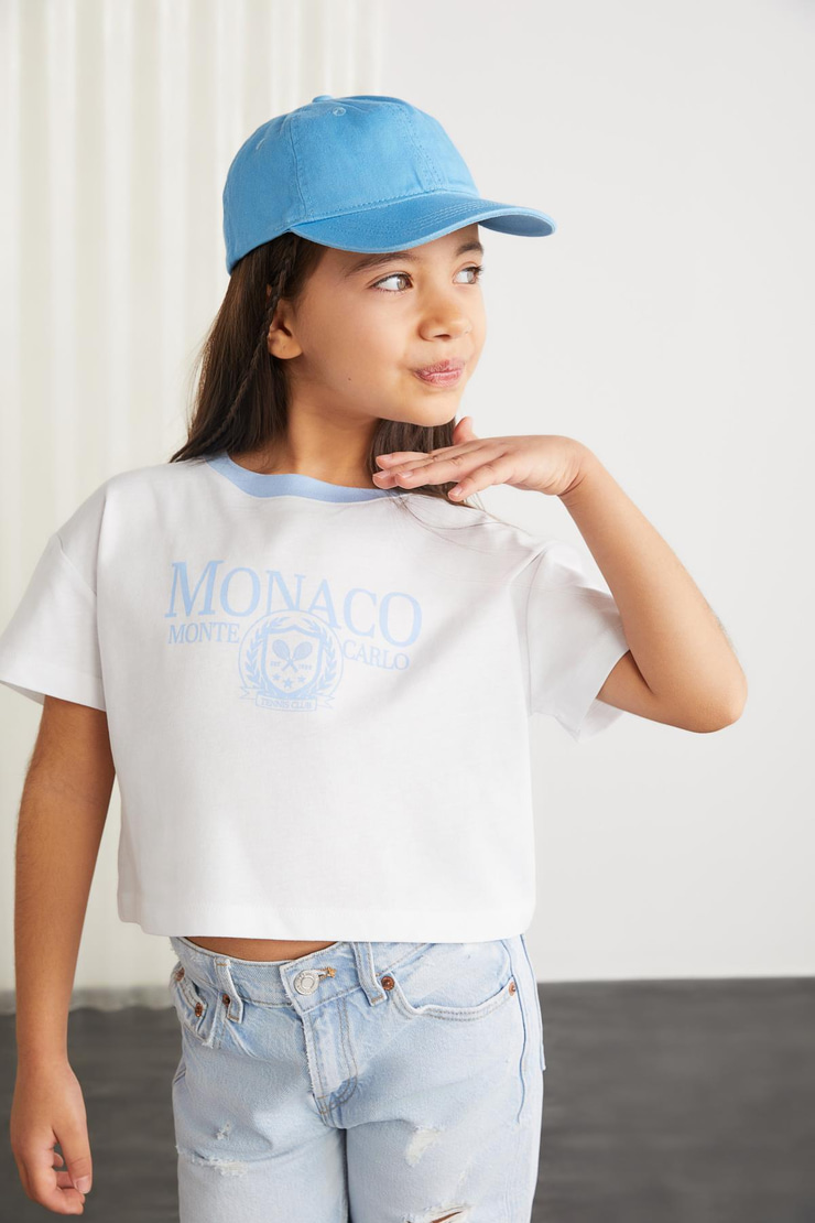 BITTEN  Crop Mavi Tekli T-Shirt