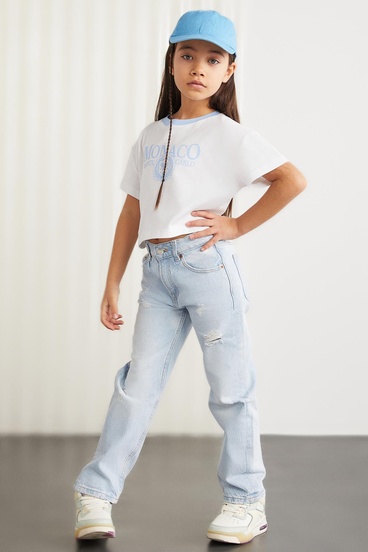 BITTEN  Crop Mavi Tekli T-Shirt